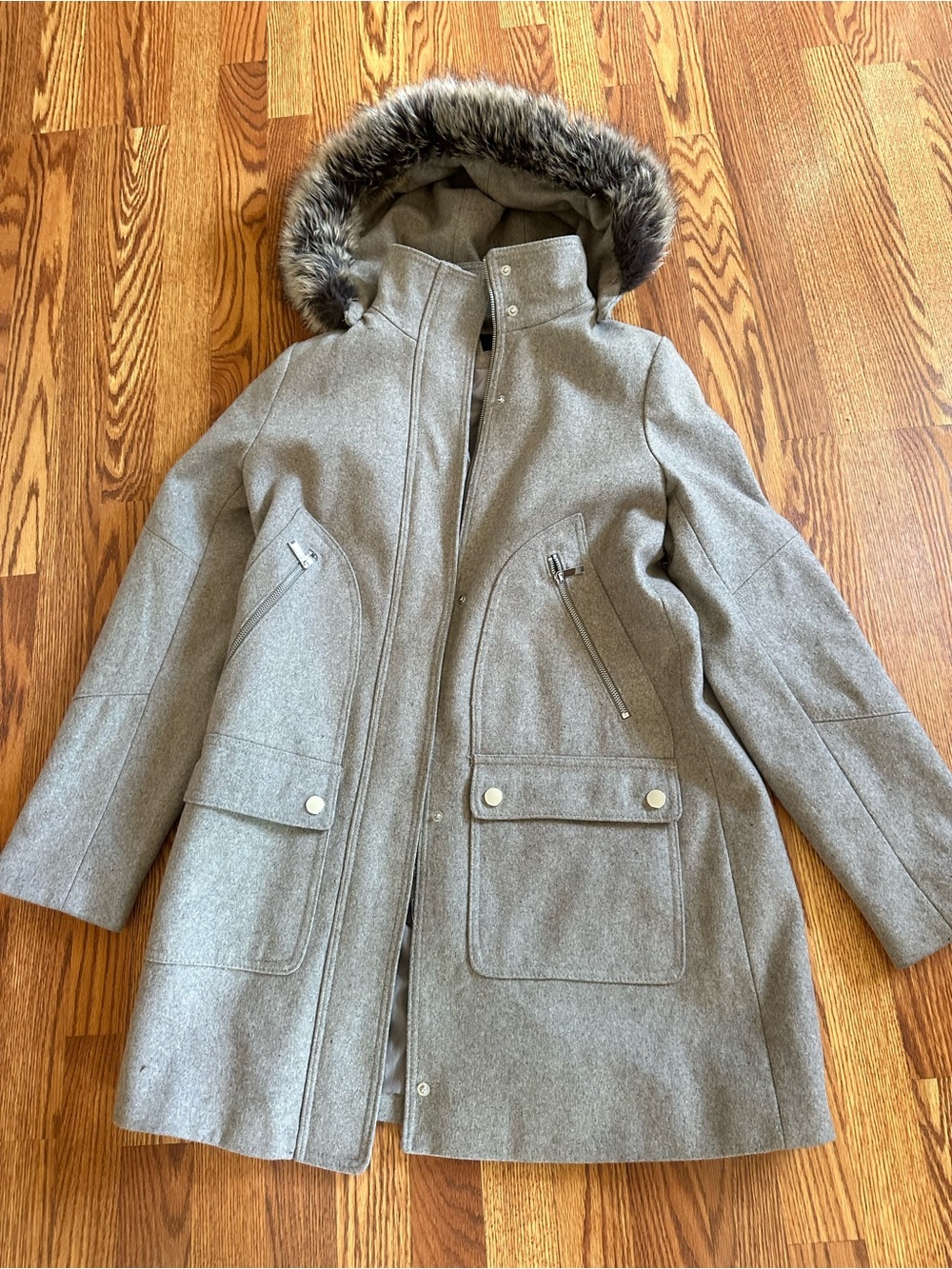 a.n.a A New Approach Grey Faux Fur Trim Hooded Parka Coat Jacket
